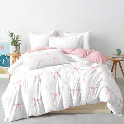 3pcs Pink Striped Bow Cute Digital Print Duvet Cover Set (1 Duvet Cover + 2 Pillow Shams, Comforter Not Included), Soft & Skin-Friendly Polyester, Suitable For Bedroom, Dorm, All Seasons