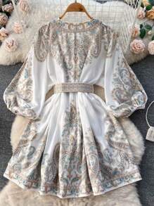 Women's Short Long Sleeve Dress Fashionable V-Neck Boho Printed Hem Decorated Button Dress, Spring And Summer, Resort Wear, Short Skirt