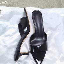 Patent Leather High Heel Slippers All-Matching Stiletto Pointed Toe Open Toe Outdoor Slippers - Black - View 2