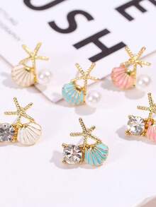 1 Pair Starfish & Seashell Faux Pearl Earrings, Lightweight Luxury Niche High-End Earring, Sweet Earrings - Multicolor - View 6