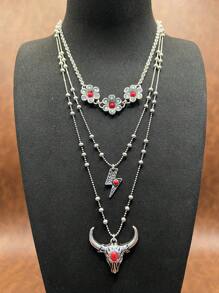 1 Set Fashion Retro Bohemian Style Zinc Alloy Flower/Lightning/Cow Head 3-Layer Pendant Necklace That Can Be Matched Freely, Flower Earrings Pendant, Suitable For Women/Girls To Match Daily Clothes, Party Accessories, Jewelry Gift For Family/Friends/Yourself