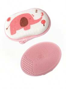 2pcs/Set Teens Bath & Shampoo Brush Set - Soft Silicone, Gentle Scalp Massage, Easy Clean Hair Comb, Cartoon Elephant Washcloth, Soft Lathering Scrubber, Body Hair Cleaning Sponge, Bathing Supplies, Suitable For Teens