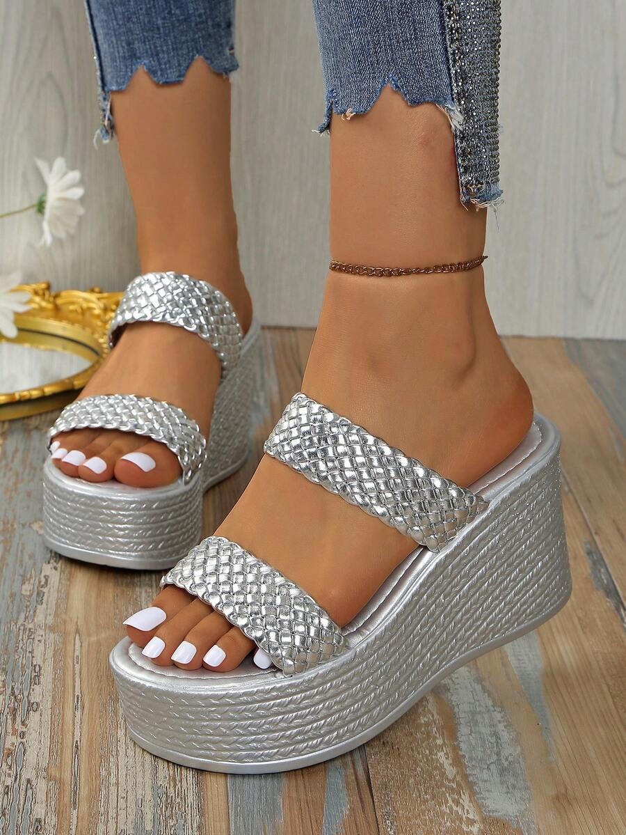 女士纯色休闲凉鞋、厚底拖鞋、夏季编织带拖鞋、厚底度假鞋 - 銀色 - 查看 1