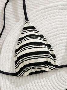 PEPPERMOLLY New Padded Stripe Towel Fabric Adjustable Strap Criss-Cross Back Sexy Bikini Set, Summer Beach Fashion Women Swimwear - Black - View 5