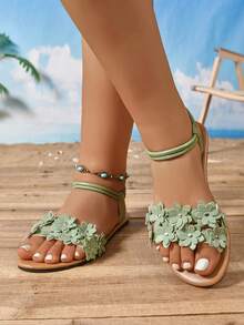 Women's Fashion Embroidered Comfortable Buckle Elastic Band Plus Size Flat Sandals - Green - View 3