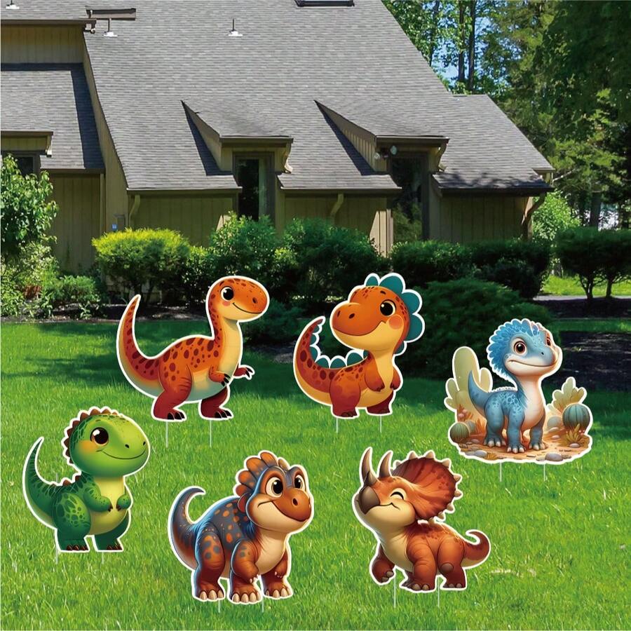 6 Pieces Of Cute Dinosaur Garden Decorations, Outdoor Decoration Stakes, Suitable For Outdoor Gardens And Lawns, Easy-To-Install Ground Stakes. - Multicolor - View 1