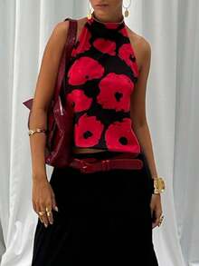 Women Y2k Floral Tie Top Coquette Boho Bow Backless Sleeveless Tank Top Summer Going Out Cami Top Fairy Streetwear - 紅色 - 查看 2