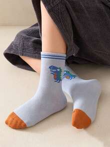 5 Pairs Kids' Dinosaur Striped & Letter Pattern Mid-Calf Socks, Cartoon Design For Boys, Spring Autumn Winter, Polyester, Unisex - Multicolor - View 2