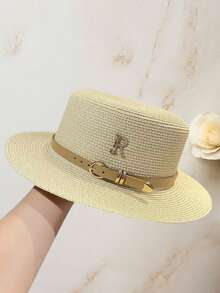 Women's Fashionable English Style Flat Top Straw Hat With Rhinestone R Letter And Leather Strap Decoration, Summer Outdoor Travel Sun Hat - Khaki - View 10