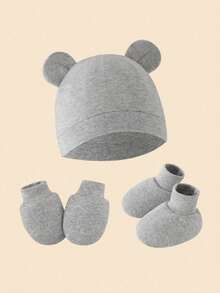 Bộ 3 món mũ tai + găng tay chống trầy xước + bao chân cho bé trai sơ sinh (xanh dương + trắng + xám), thích hợp để đội hàng ngày - Nhiều màu - Xem 4