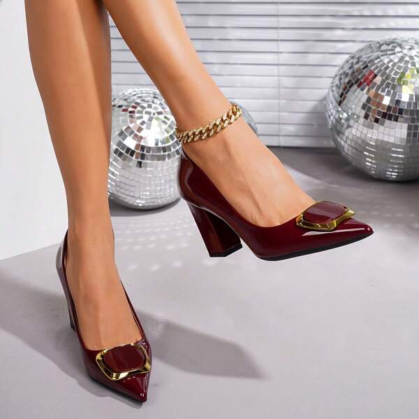 Sapatos de salto alto femininos plus size, bico , cor bordô com botões, confortáveis, primavera/outono