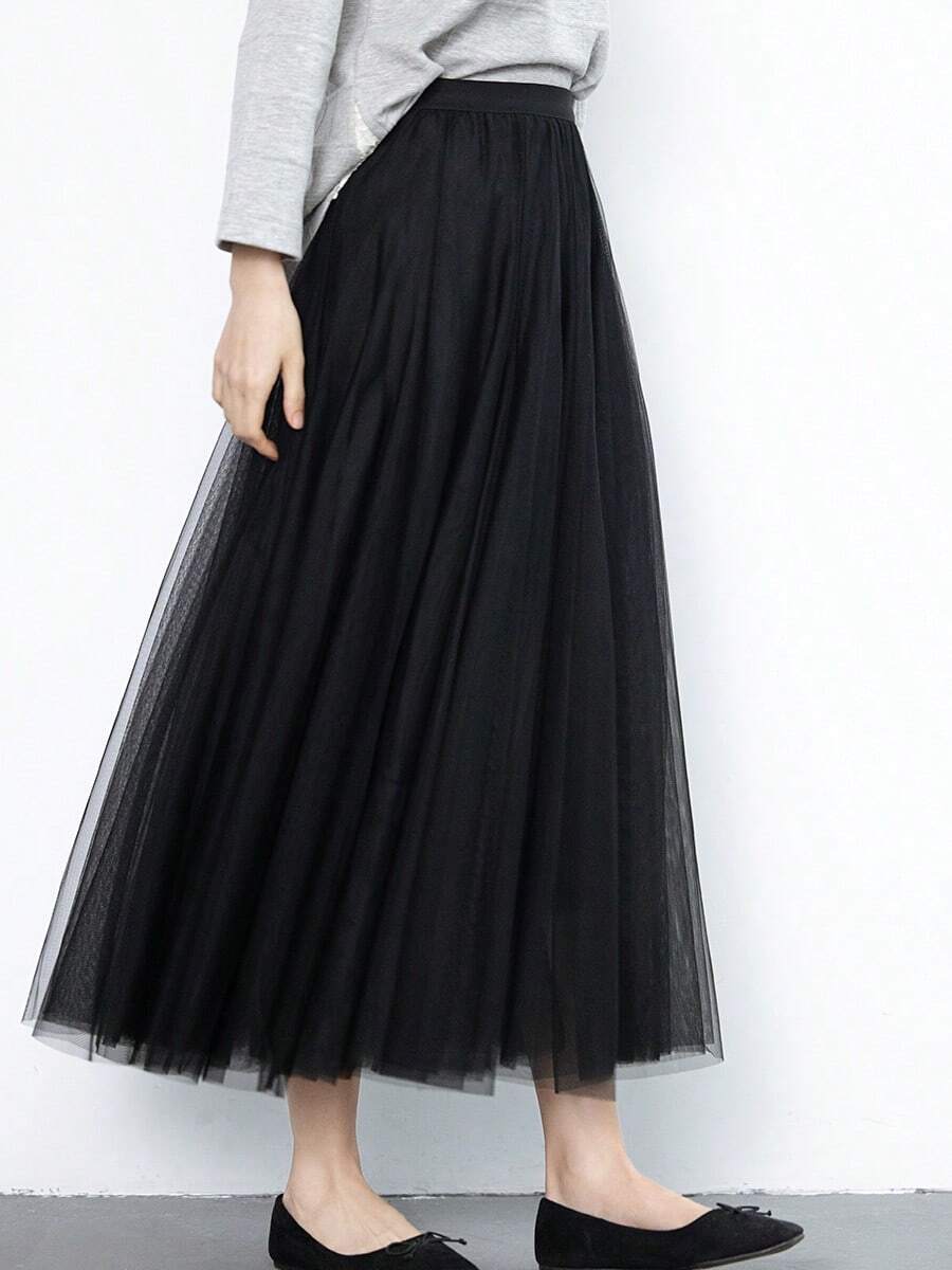 Choose From 17 Colors Of Tulle Skirts For Women. Long Pleated Skirts In Spring Pastel Colors. Simple And Flattering For Spring, Summer, Autumn, And Winter. - Negro - Ver 1