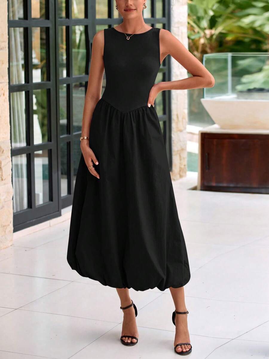 Women Summer Sleeveless Midi Dress Casual Patchwork Knit Tank Side Pockets Bubble Long Flowy Dress Spring Holiday Vacation Beach Going Out Valentine  Maxi Sundress - màu đen - Xem 1