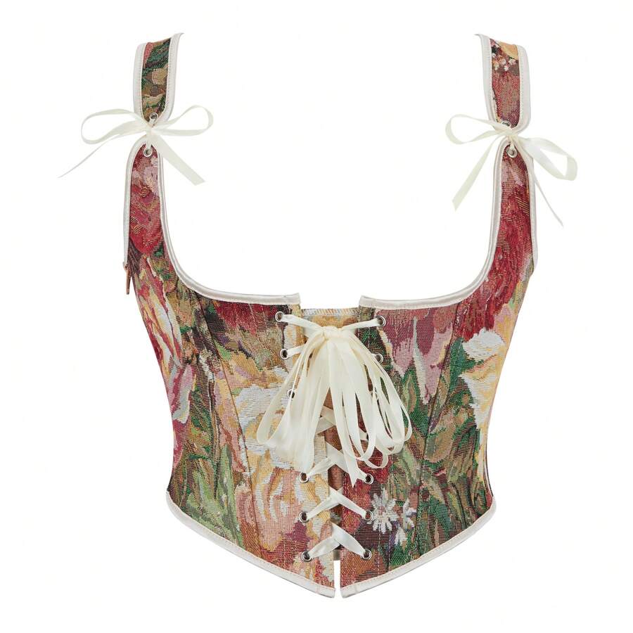 Alivila.Y Fashion Womens Vintage Floral Print Underbust Corset Tops Vintage Boned Corset Belt Corset Vest - 奶油色 - 查看 1