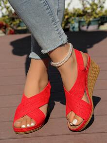 Boho Elegant Peep-Toe Wedge Heels - Red - View 3