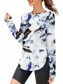 ZHENWEI Women's Long Sleeve Sun Shirt UV Protection Workout Tops Lightweight UPF 50+ Golf Gym Hiking Shirts Outdoor Clothing - 黑色藍色印花 - 查看 1