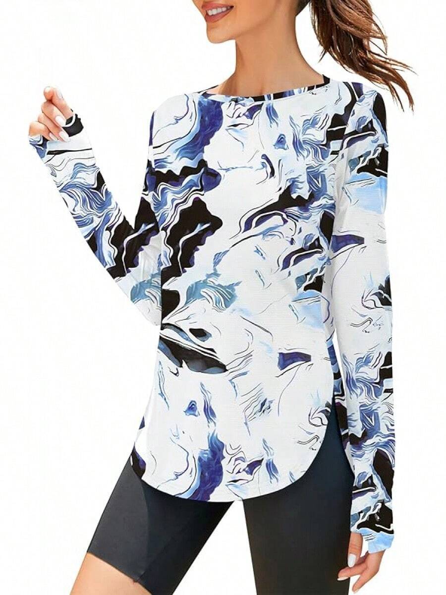 ZHENWEI Women's Long Sleeve Sun Shirt UV Protection Workout Tops Lightweight UPF 50+ Golf Gym Hiking Shirts Outdoor Clothing - 黑色藍色印花 - 查看 1