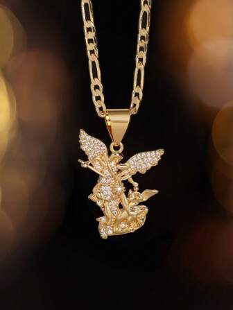 1 件微镶嵌圣米迦勒大天使项链 14k Cadena De San Miguel Arcangel Oro Laminado，圣米迦勒费加罗链项链