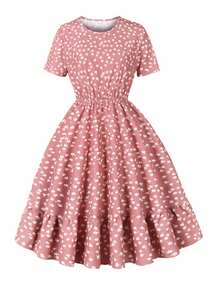 2025夏季优雅花卉印花圆领短袖松紧腰及膝休闲度假沙滩裙 - 彩色 - 查看 1