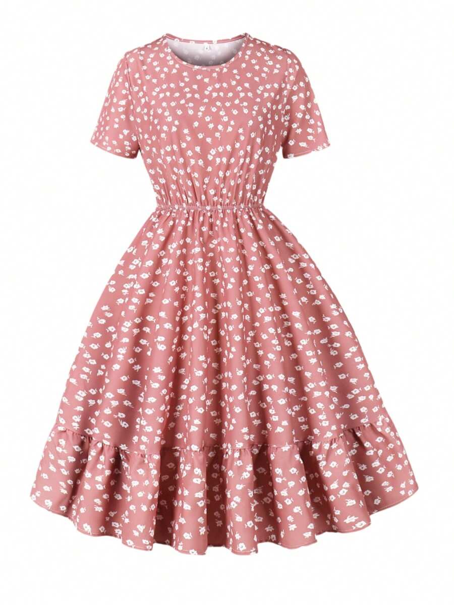 2025夏季优雅花卉印花圆领短袖松紧腰及膝休闲度假沙滩裙 - 彩色 - 查看 1