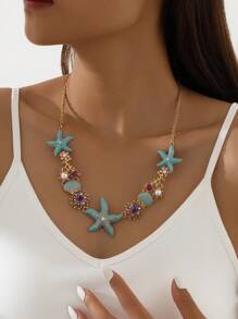 1pc Short Beach Style Enamel Starfish, Coral, Rhinestone, Sea Shell & Faux Pearl Necklace, Suitable For Women To Wear At The Beach