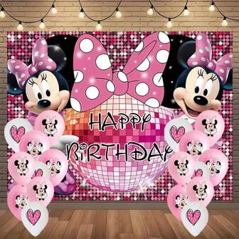 Disney 19 pièces/set, Fond d'écran d'anniversaire de Mickey et Minnie de Disney - Conception brillante rose vif et violet avec des noeuds à pois, parfait pour les décorations de fête d'intérieur/extérieur, la Saint-Valentin, le Nouvel An, Pâques et les célébrations de fêtes, cadeaux Disney