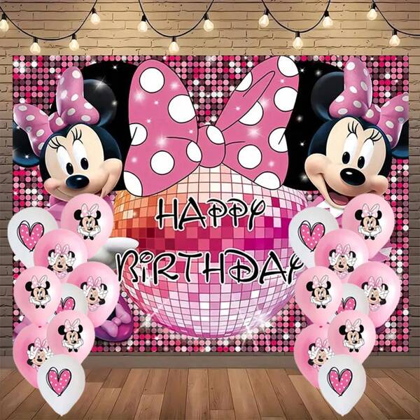 Disney 19 Pcs/Set, Disney Mickey And Minnie Mouse Birthday Background - Bright Pink And Purple Glitter Design With Polka Dot Bows, Perfect For Indoor/Outdoor Party Decorations, Valentine's Day, New Year's, Easter And Holiday Celebrations, Disney Gifts