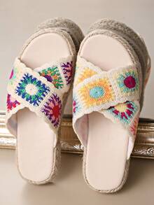 Women's Sunflower Criss-Cross Woven Sandals, Sweet Summer Casual Flat Open Toe Slippers For Outdoor Wear - White - View 3