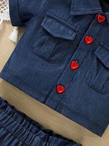 H HIBOBI 2 peças/Conjunto Top Utilitária Azul de Manga Curta & Shorts Peplum para Menina Jovem, Primavera/Verão