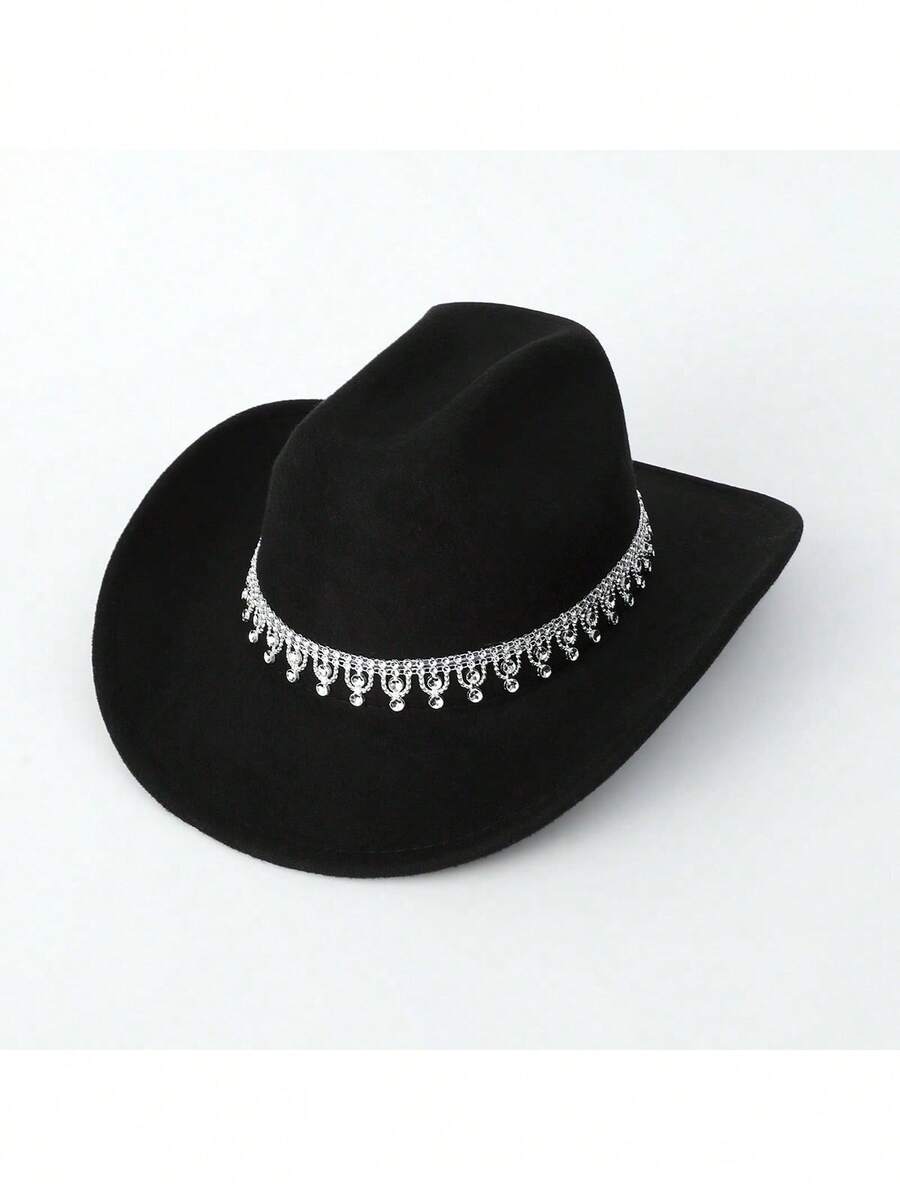 1pc Women's Solid Color Casual Travel Cowboy Hat, Suitable For Daily Use - Black - View 1