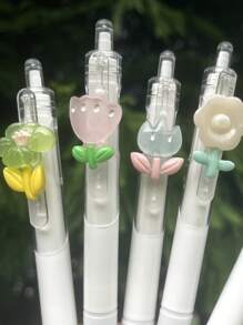 1/5pcs Cute Floral Press Type Ballpoint Pens, High Quality Translucent Girls Ballpoint Pens, Cartoon Press Pens, Stationery, School & Office Supplies, Student Gifts (Random Colors), Back To School