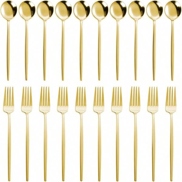 20pcs Gold Plated Cutlery Set, Stainless Steel Portuguese Forks & Spoons, Modern & Minimalist Design, Mirror Polished, Dishwasher Safe,School Supplies