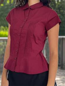Women's Summer Slim Fit Shirt Solid Color Short Sleeve Lapel Button Down Pleated Tops - 酒紅色 - 查看 2