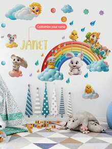 Personalized Name Wall Stickers For Kids – Custom Animal-Themed Wall Decals (Airplane Mouse, Rainbow Bunny, Panda) – Removable PVC Wall Decor For Nursery, Bedroom, Playroom - DP047-rainbow Bunny-30-120 - View 6