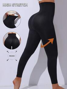女式长款高腰压缩塑身紧身裤，无缝瑜伽裤，收腹紧身裤，提臀，深蹲防护健身紧身裤 - 黑色 - 查看 7