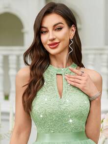 MIUSOL Đầm xòe nữ đính sequin hoa ren cổ yếm xếp tầng, viền lưới, trang phục mùa hè, đầm dự tiệc cưới, thích hợp cho kỳ nghỉ, tiệc sinh nhật, lễ tốt nghiệp, lễ hội và các dịp khác. - Màu xanh Bạc hà - Xem 8