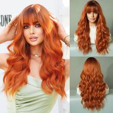 7JHH WIGS 24 Inch Dirty Orange Long Wavy Wigs For Fashion Women,Pumpkin Orange Gorgeous Loose Wave Curly Wig With Bangs, Heat Resistant Fiber Synthetic Full Machine Wig For Girls Music Festival Party Streetwear, Anime Or Costume Use - 臟橘色 - 查看 10