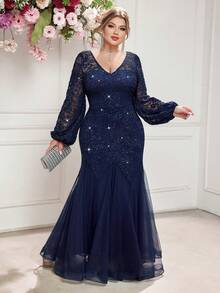 Plus Size Elegant V Neck Sequin Floral Lace Lantern Sleeve Contrast Mesh Mermaid Hem Formal Party Long Dress, Wedding Guest Dress, For Birthday - Navy Blue - View 5