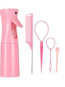 Juego de 8 piezas de herramientas para peinado de color rosa - Botella rociadora, peine de cola, cepillo cardador, herramientas de bucle y horquillas para trenzar y peinados DIY