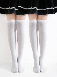 2 Pairs Girls' Simple College Style Fashion Versatile Knee-High Socks - White - View 3