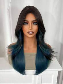 1 Piece Of Dyed Blue Synthetic Heat-Resistant Curly Hair, 24 Inches Long, Made Of Fiber, Suitable For Daily Use, Natural And Realistic Wig. - Blue Highlight - View 9
