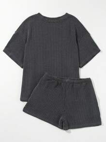 Plus Size Ribbed Textured Knit Loose Fit Tee And Shorts Set Two Pieces Set Women