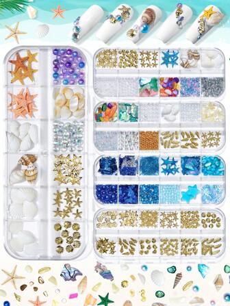 Summer Beach Nail Art, Hawaiian Style Marine Nail Art, Natural Shell Starfish, Conch, Abalone Fillet, Metal Rivets, Faux Pearl -DIY Nail Art Decorative Design