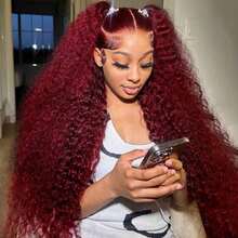 Burgundy Brazilian Deep Wave Lace Front Wig HD Transparent 13x4 Lace Frontal Human Hair Wigs For Women Pre Plucked  Human Hair  Deep Curly Wigs Wine Red 99J Color - S99J - 查看 2