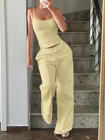 Women's Simple Solid Color Camisole And Drawstring Waist Sweatpants Set