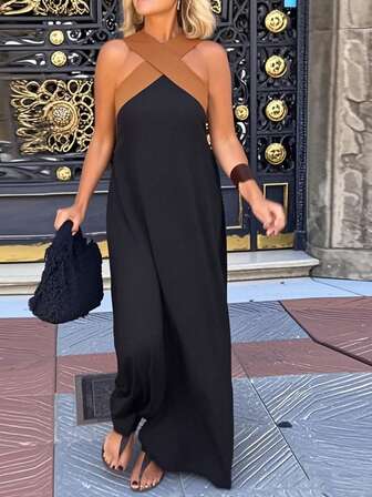 Vestido casual y cómodo de unicolor con diseño sin mangas de cuello en V cruzado para vacaciones para mujeres