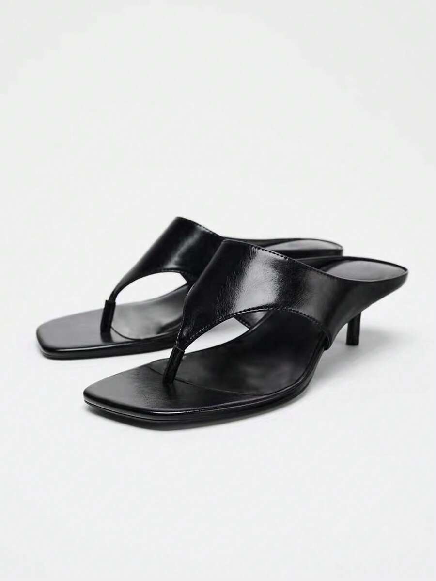 女士露趾高跟凉鞋，黑色漆面效果细带高跟方头凉鞋，2025年新款夏季女士高跟鞋