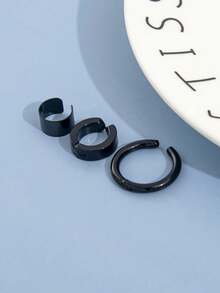 時尚流行3入組男士簡約耳夾不銹鋼朋克嘻哈風格適合珠寶禮物和時尚外觀 - 黑色 - 查看 3