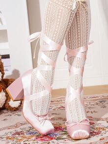 Lolita Ballerina Style Square Toe High Heels With Cross Strap, Mary Jane French Girl Style Satin Bow Solid Color Fashion Y2K PU Leather Outdoor Shoes, All Seasons - Pink - View 4