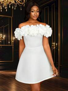 Vestido corto mini sin tirantes de flores 3D aplicadas en blanco para mujer - Vestido de novia, vestido de graduación
